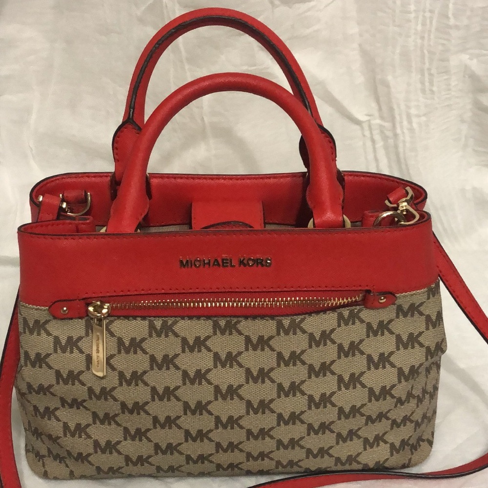 Michael Kors Hailee Red and Tan Satchel - Picture 2 of 11